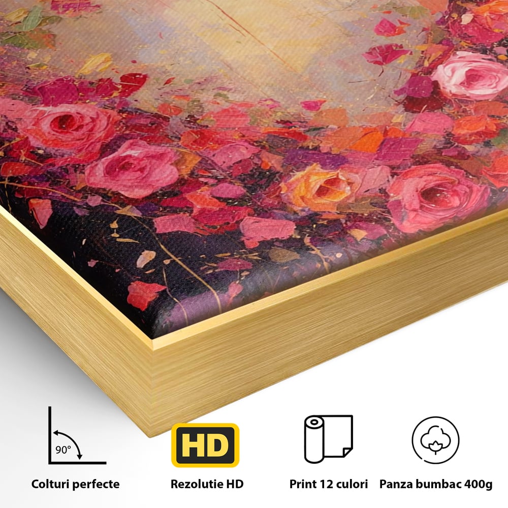 Detaliu al suprafetei: tablou canvas cu inima din trandafiri, in rama de aluminiu auriu
